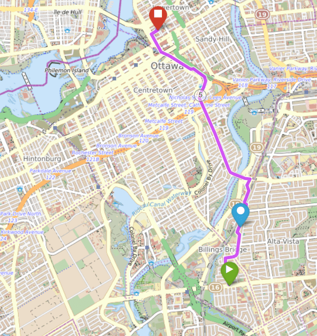 Map of bike trip between Heron Park and the Byward Market